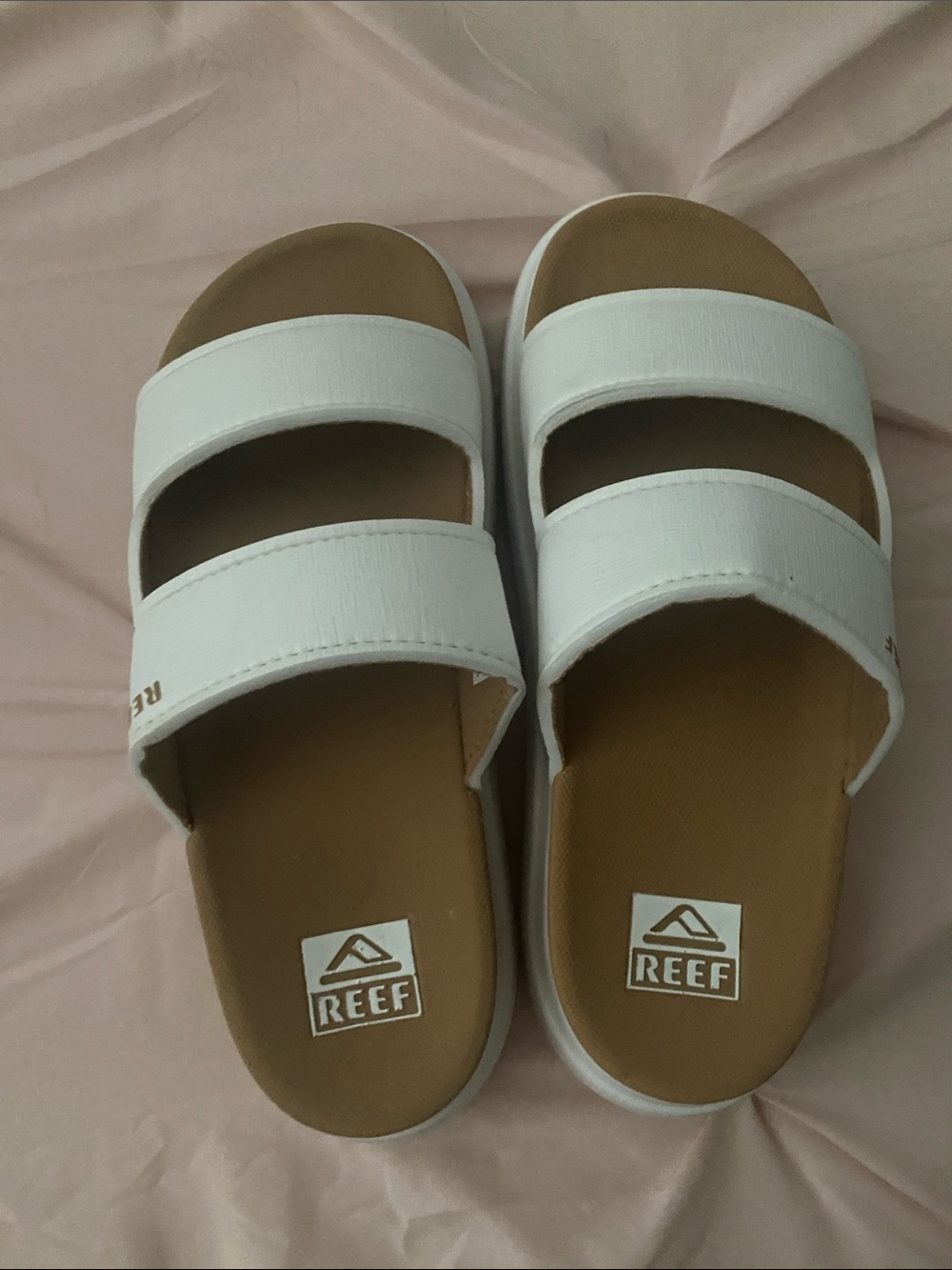 Reef White Double-Strap Slide Sandals with Tan Footbeds. Size 8. Great condition